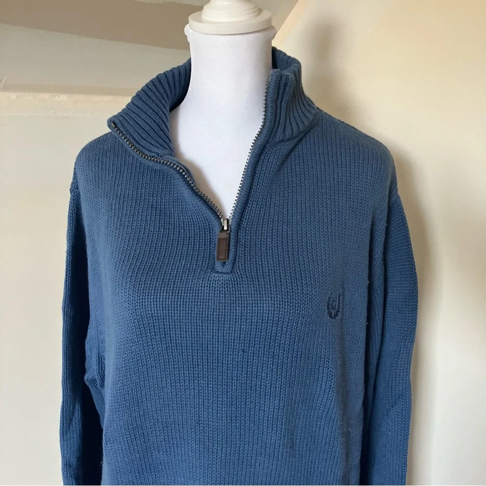 Chaps Mens Blue Knit Long Sleeve Quarter Zip V neck Sweater size Medium